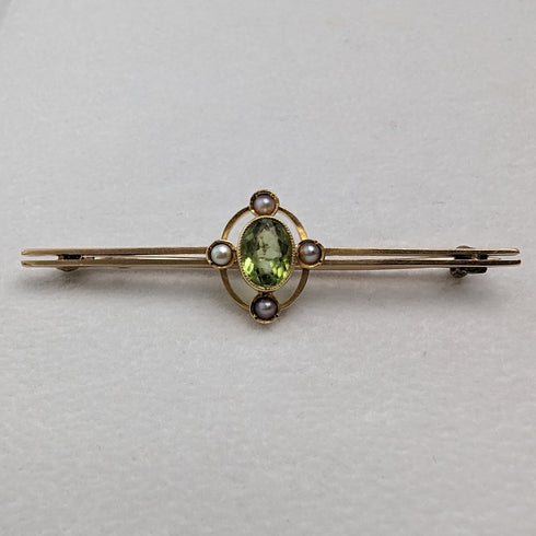 British Antique 15ct Gold Greenstone & Pearl Pin Brooch